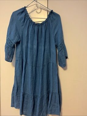 Blue Midi Peasant Dress with Crochet Sleeve Detail